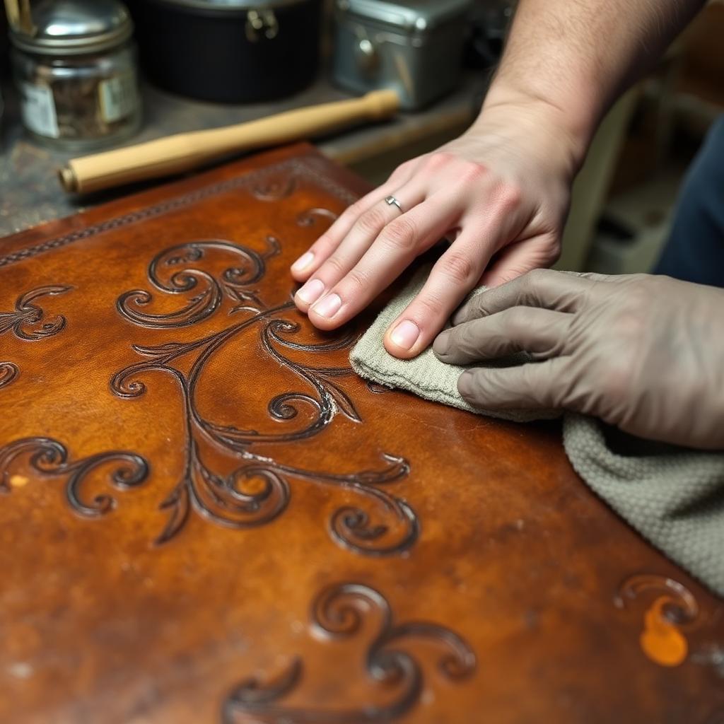 Hands rubbing antique finish into a tooled leather panel with a soft cloth