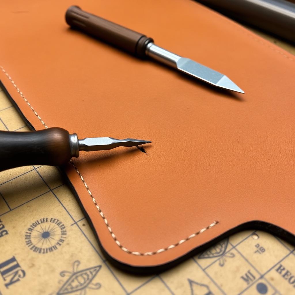 Diamond awl and stitching chisel resting on a piece of thick vegetable tanned leather