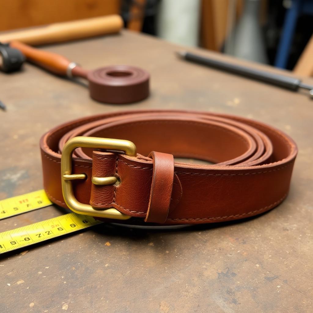 A handmade brown leather belt with brass buckle beside a measuring tape
