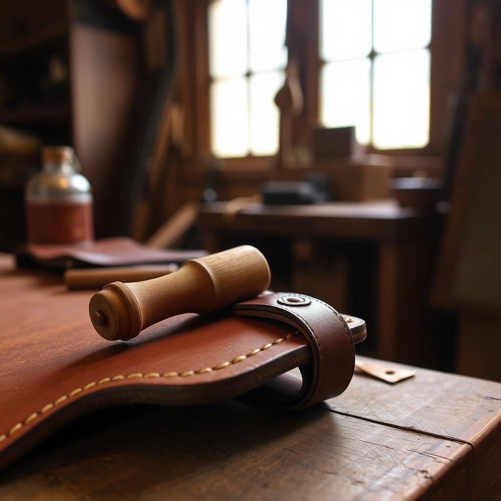 Wooden slicker burnishing the edge of a thick vegetable tanned leather strap on a workbench
