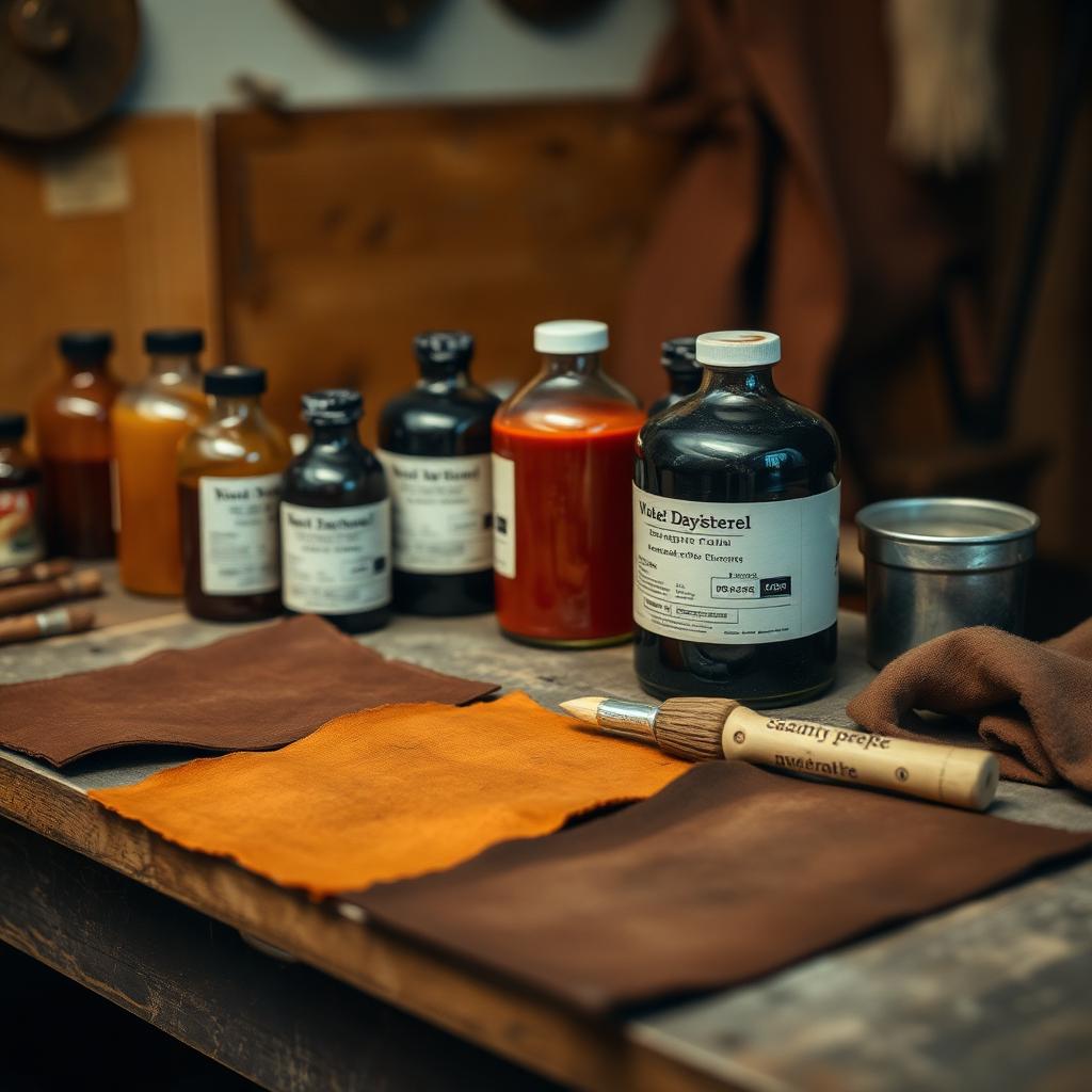 Leather dye bottles, daubers and dyed test swatches on a workbench