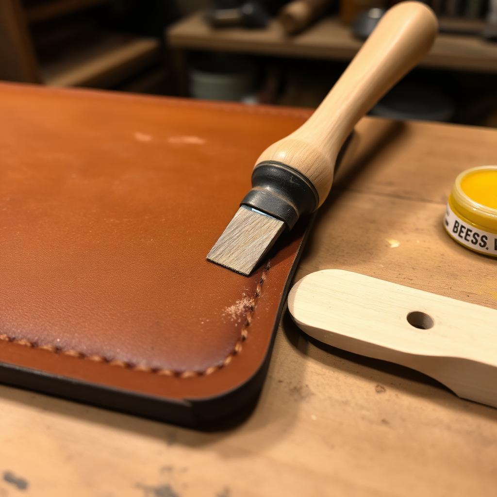 Burnishing a leather edge with a wooden slicker beside beeswax and edge paint
