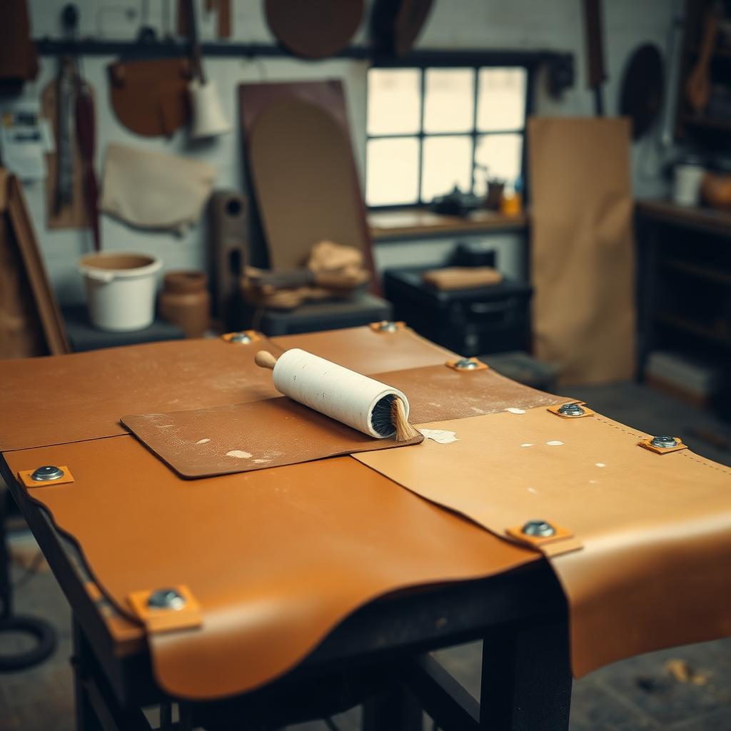 Leather panels being glued with contact cement, a roller and brush on a workshop bench