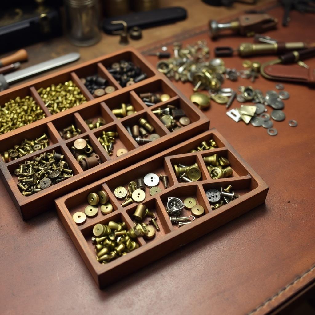 Brass rivets, snaps and buckles sorted in wooden compartment trays