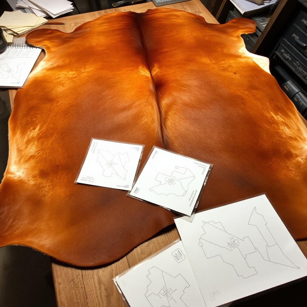 A full vegetable tanned cowhide laid flat with paper patterns arranged on it