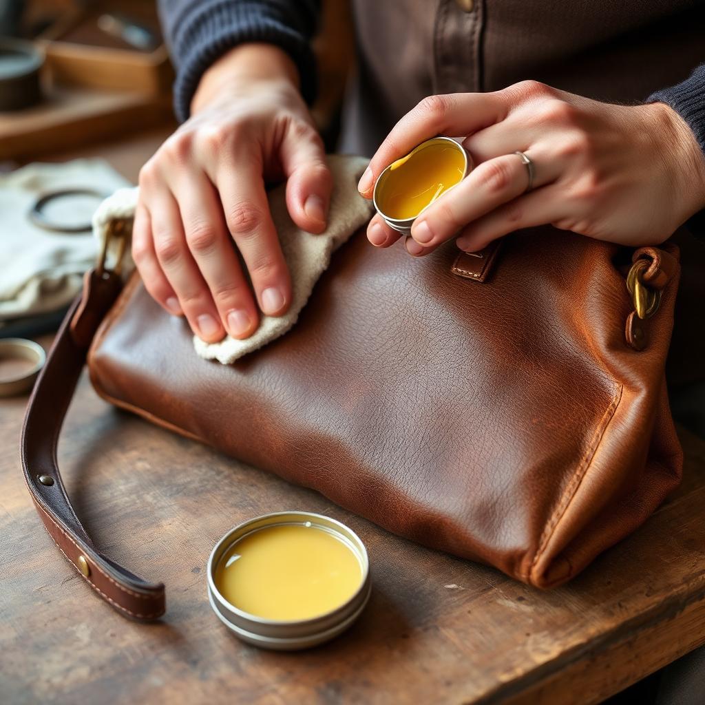 Conditioning an aged brown leather bag with a cloth and tin of balm