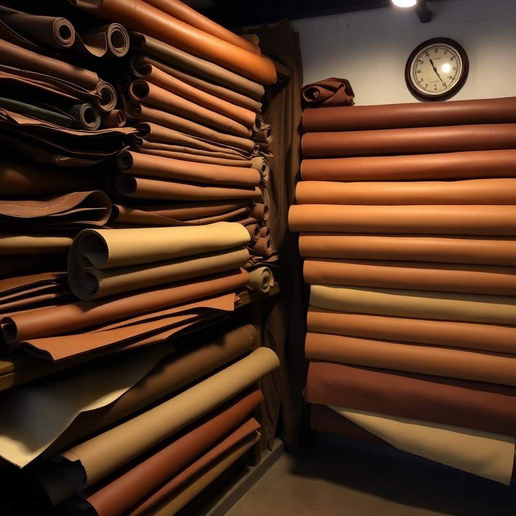 Rolled and stacked leather hides on shelving in a dim storage room with a wall hygrometer