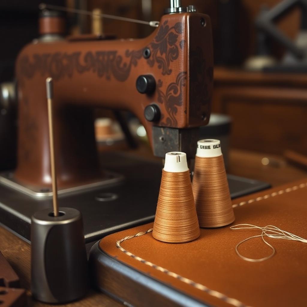 A leather sewing machine with thread cones beside a hand stitching pony holding a leather panel