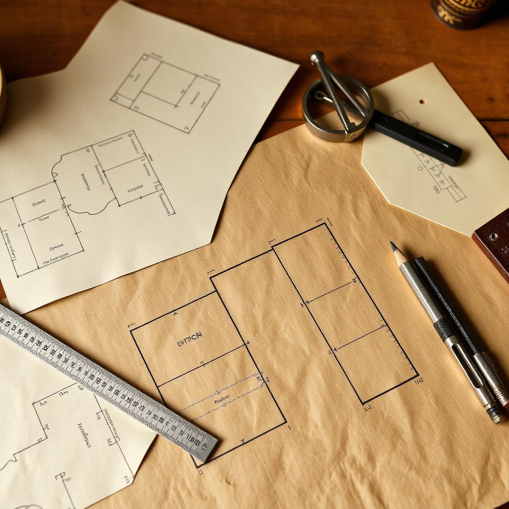Paper pattern templates, ruler and compass drafting a leather bag pattern