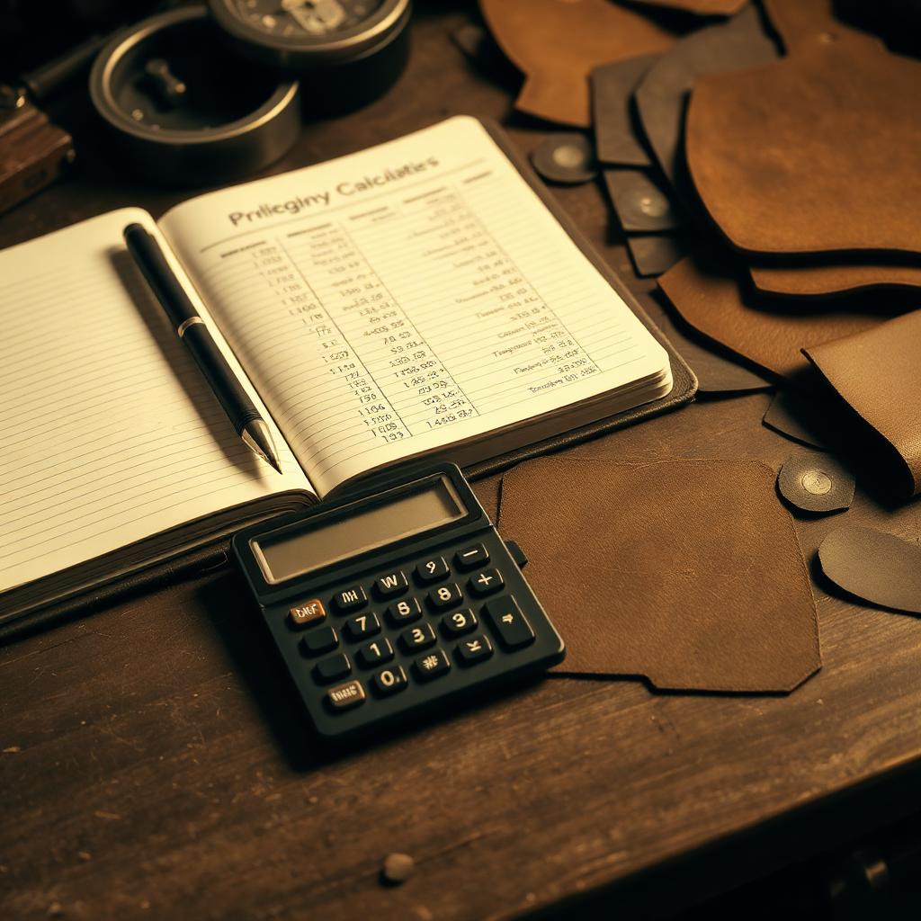 Notebook of pricing calculations with a calculator and leather offcuts on a workbench