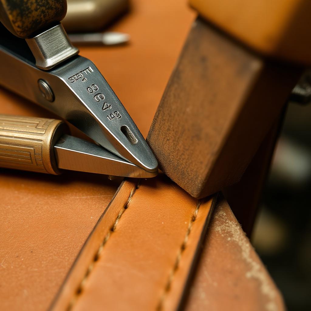 Pricking irons and a mallet punching stitch holes along a leather strap edge