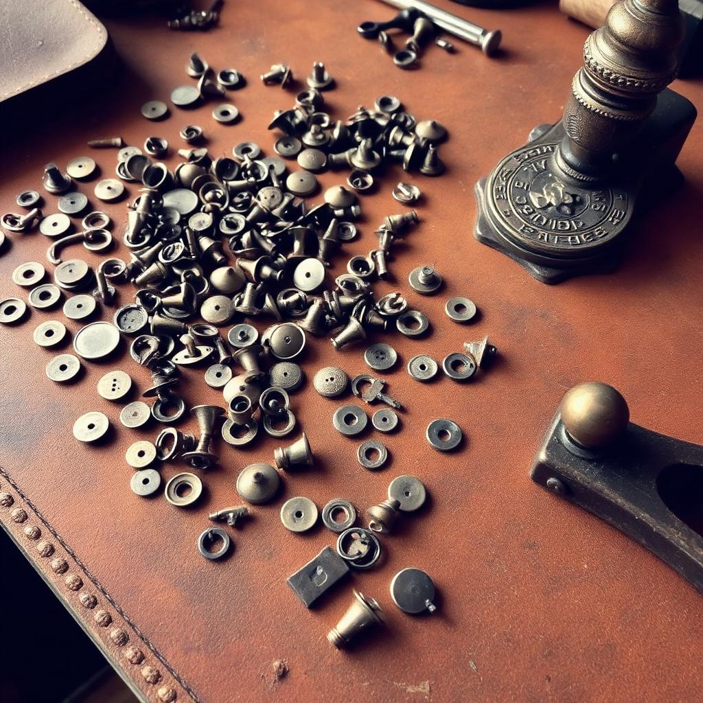 Assorted brass rivets, snaps and setting tools laid out beside a hand press on a leather work surface