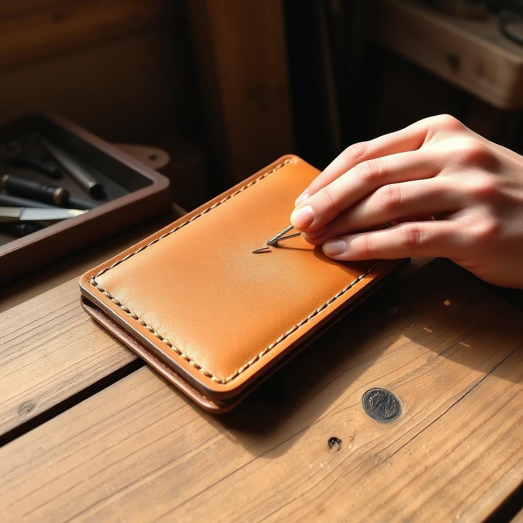 Hand saddle stitching a tan leather wallet on a wooden bench
