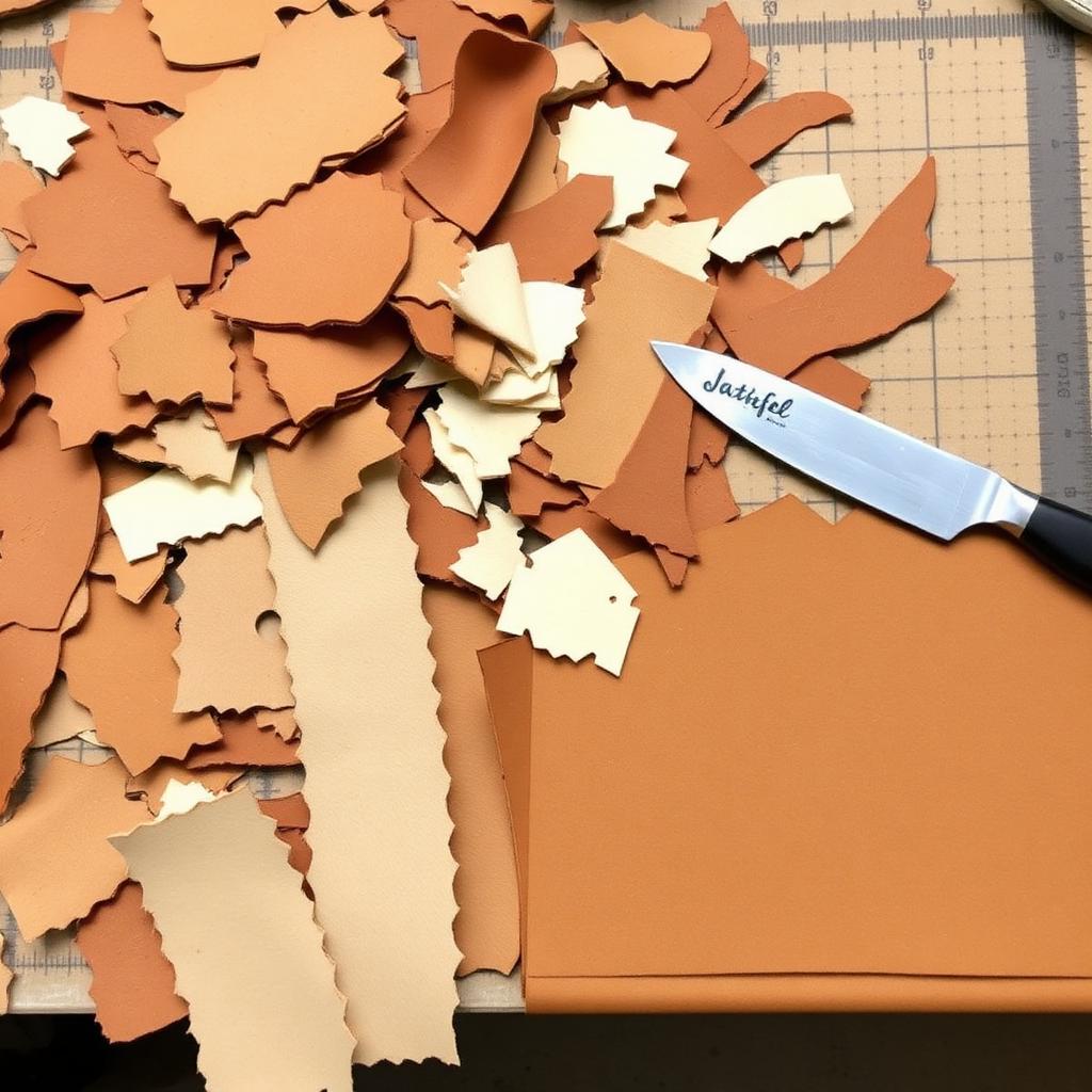 Leather offcuts and scrap pieces piled beside a cutting mat and round knife