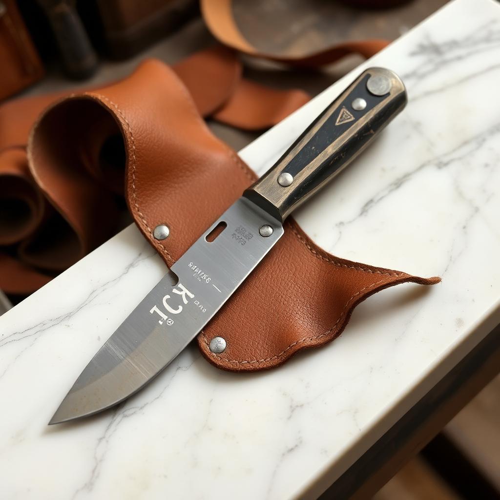 Skiving knife thinning the edge of a leather panel on a marble slab
