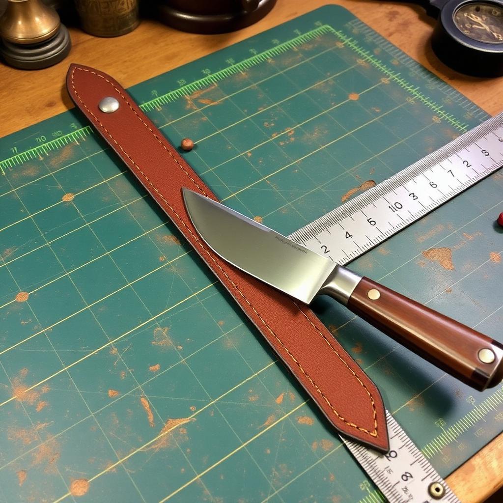 Round knife cutting a leather strap along a steel rule on a cutting mat