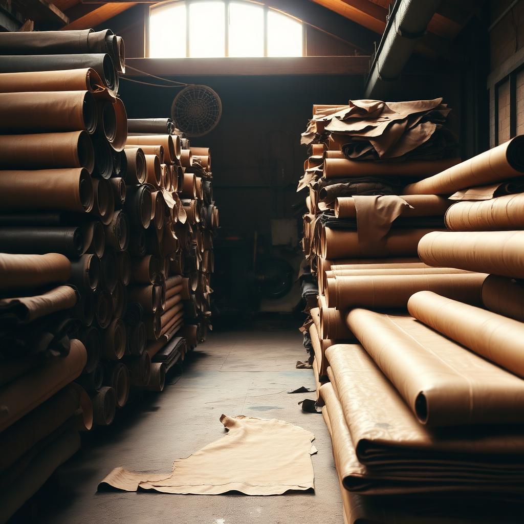Stacked and rolled leather hides in a tannery storeroom under warm light