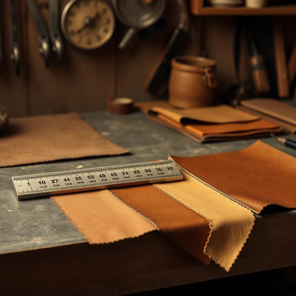 A thickness gauge and leather swatches of different weights on a workbench