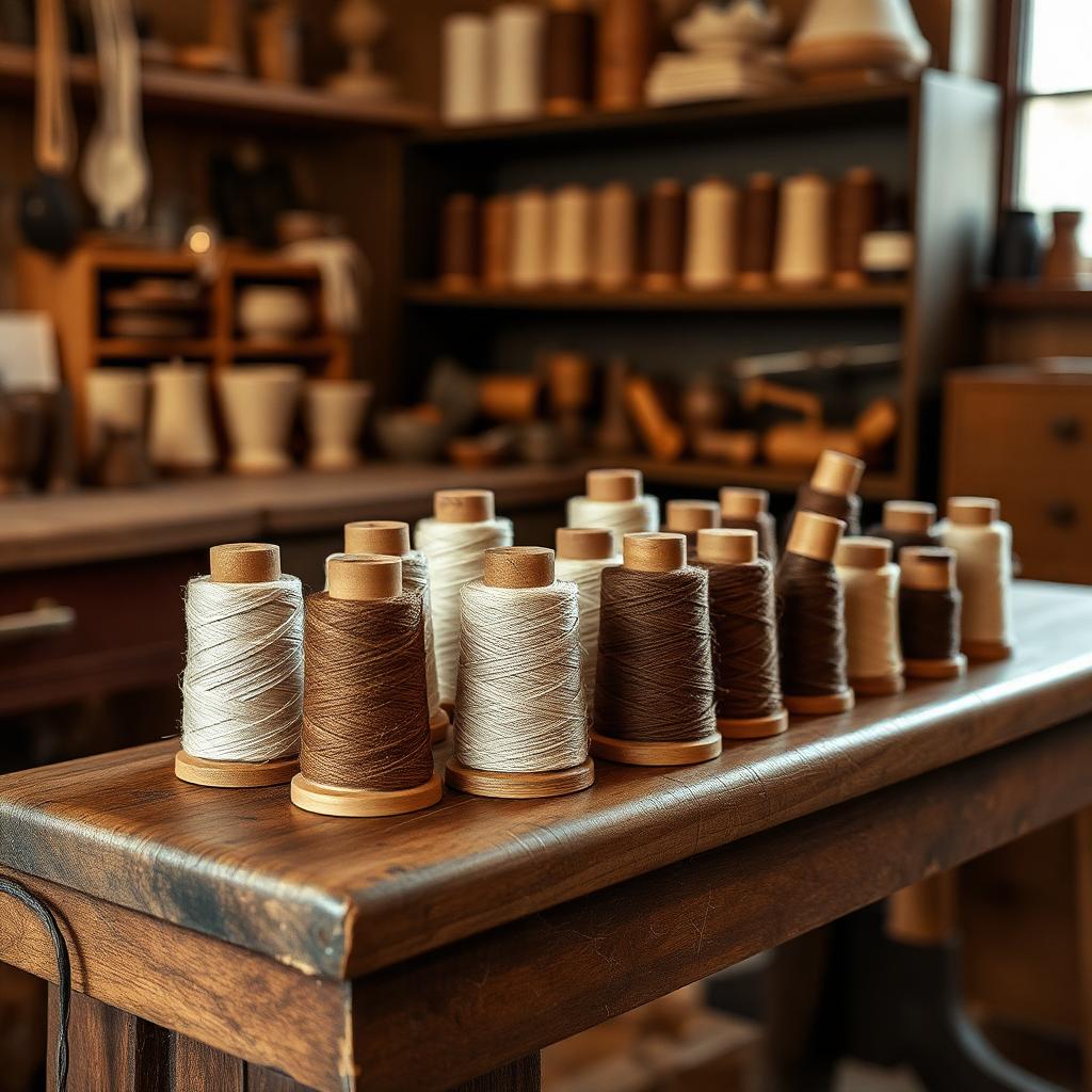 Spools of waxed linen and polyester thread in cream and brown on a workshop bench