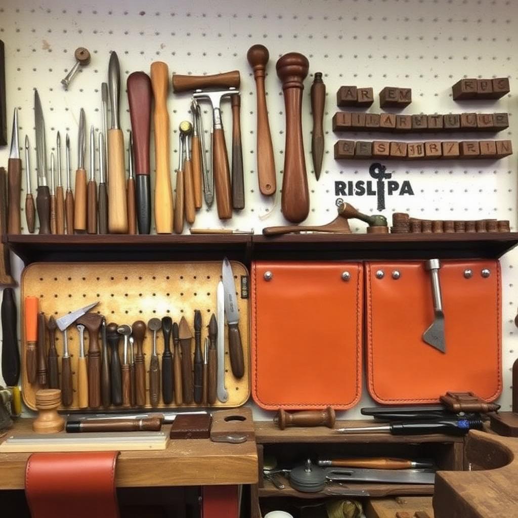 Organised wall of leatherworking tools including awls, mallets, stamps and a stitching pony