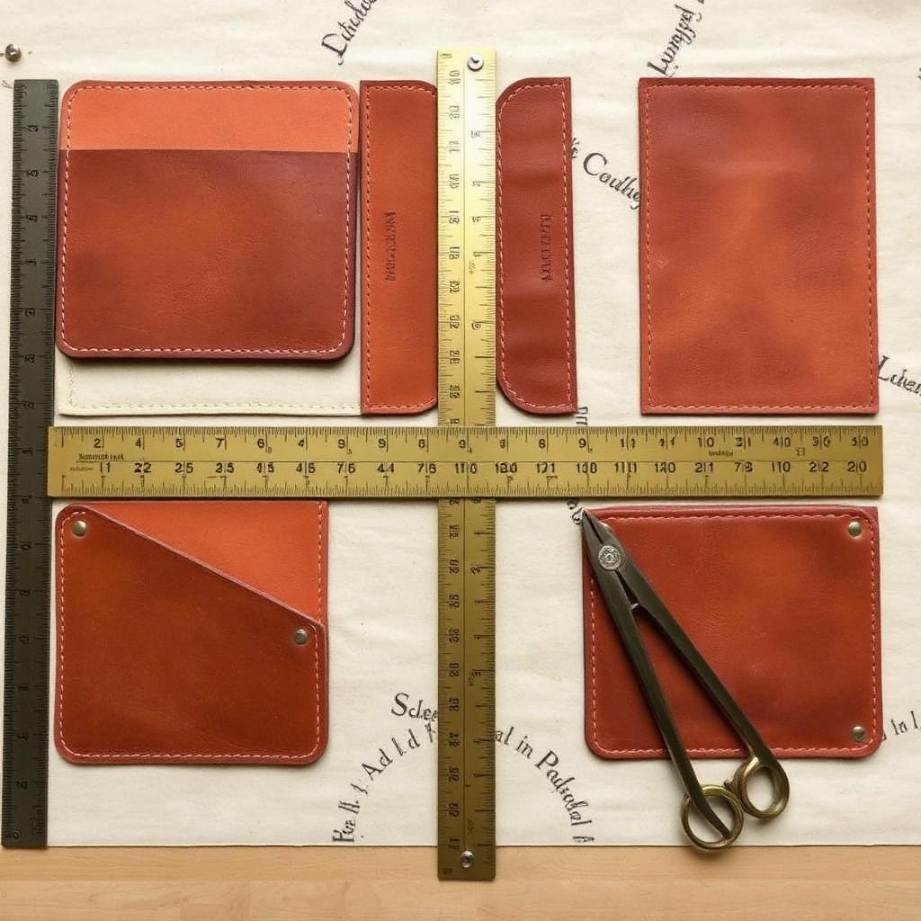 Cut leather wallet panels arranged with a brass ruler and dividers on pattern paper