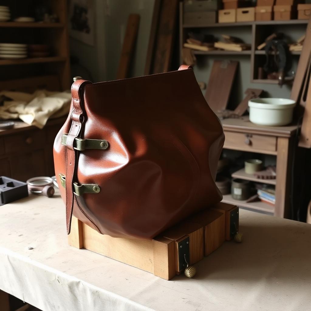 Leather bag being formed over a wooden mould with clamps in a workshop